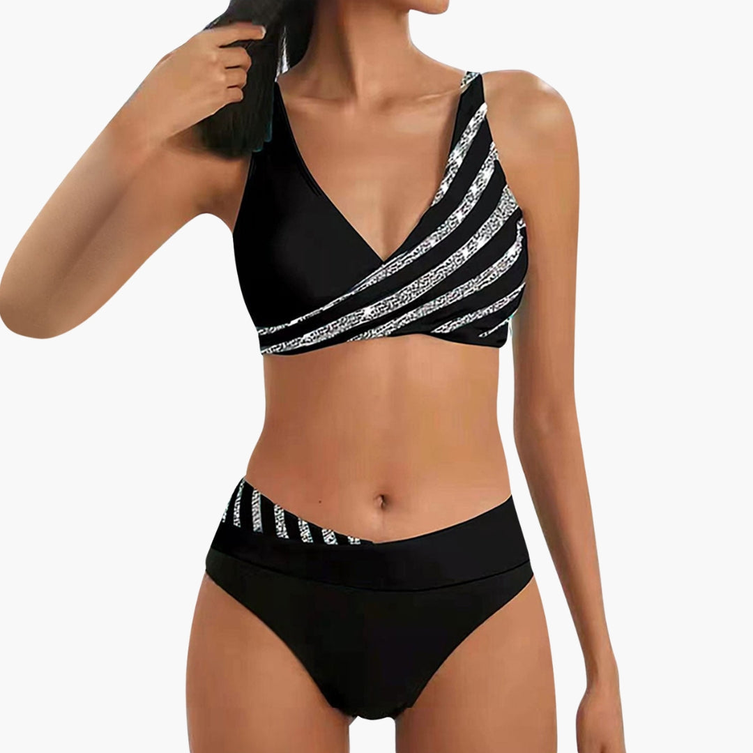 Cassidy | Women’s Sparkle Stripe Bikini with High-Waisted Bottom