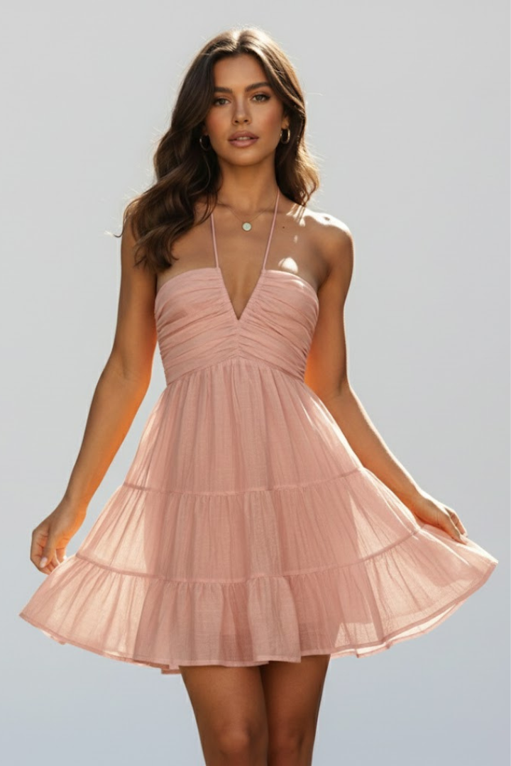 Jen | Women’s Halter Mini Dress with Tiered Ruffle Skirt
