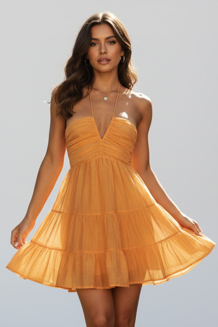 Jen | Women’s Halter Mini Dress with Tiered Ruffle Skirt