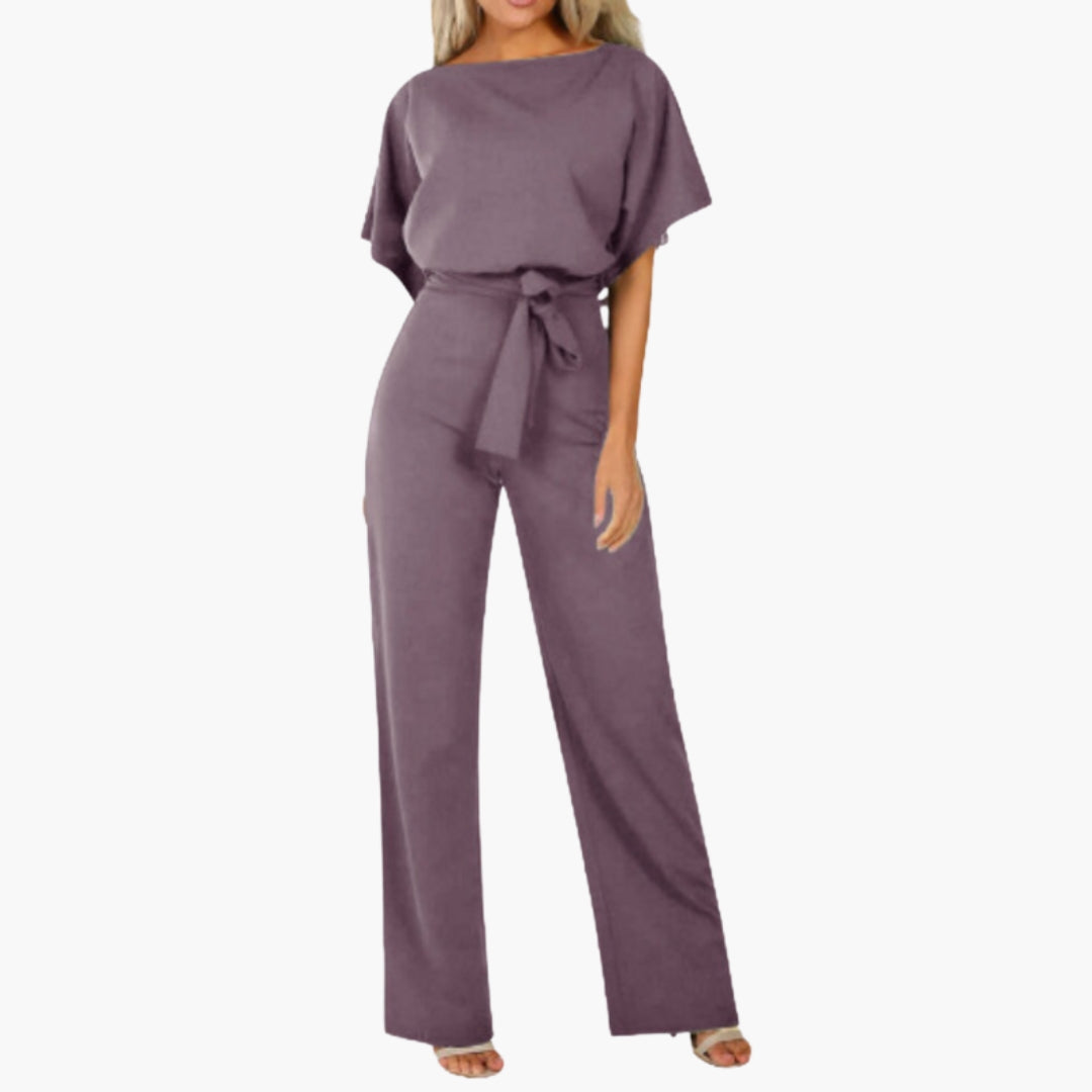 Reagan | Women’s Round Neck Short Sleeve Tie-Belt Wide-Leg Jumpsuit
