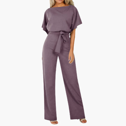 Reagan | Women’s Round Neck Short Sleeve Tie-Belt Wide-Leg Jumpsuit