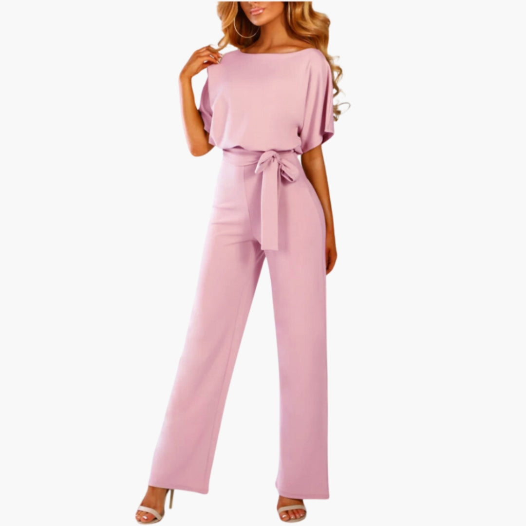 Reagan | Women’s Round Neck Short Sleeve Tie-Belt Wide-Leg Jumpsuit