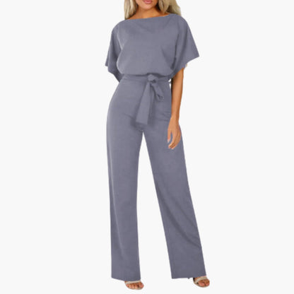 Reagan | Women’s Round Neck Short Sleeve Tie-Belt Wide-Leg Jumpsuit