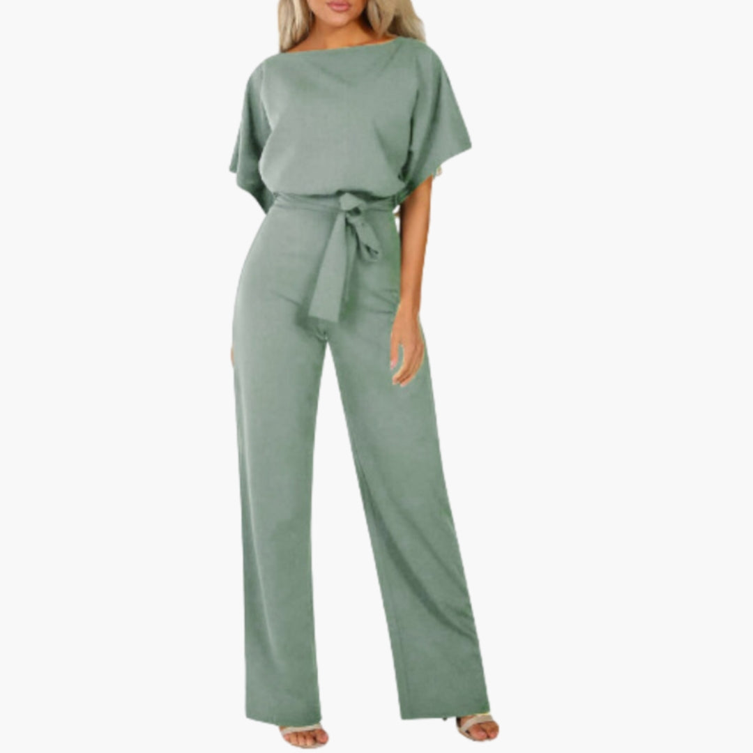 Reagan | Women’s Round Neck Short Sleeve Tie-Belt Wide-Leg Jumpsuit