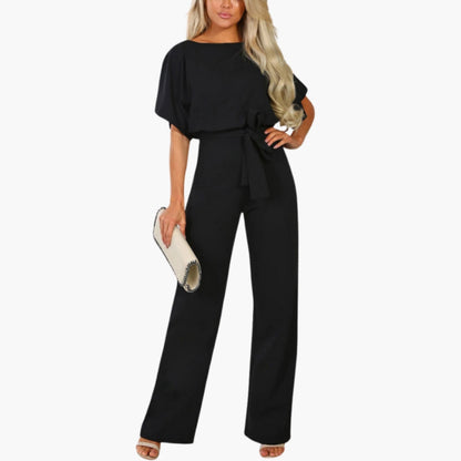 Reagan | Women’s Round Neck Short Sleeve Tie-Belt Wide-Leg Jumpsuit