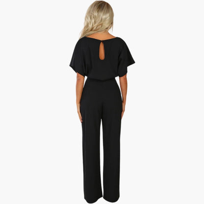 Reagan | Women’s Round Neck Short Sleeve Tie-Belt Wide-Leg Jumpsuit