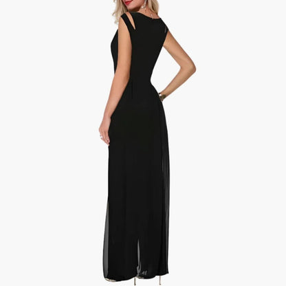 Mallory | Women’s Round Neck Layered Overlay Wide-Leg Jumpsuit