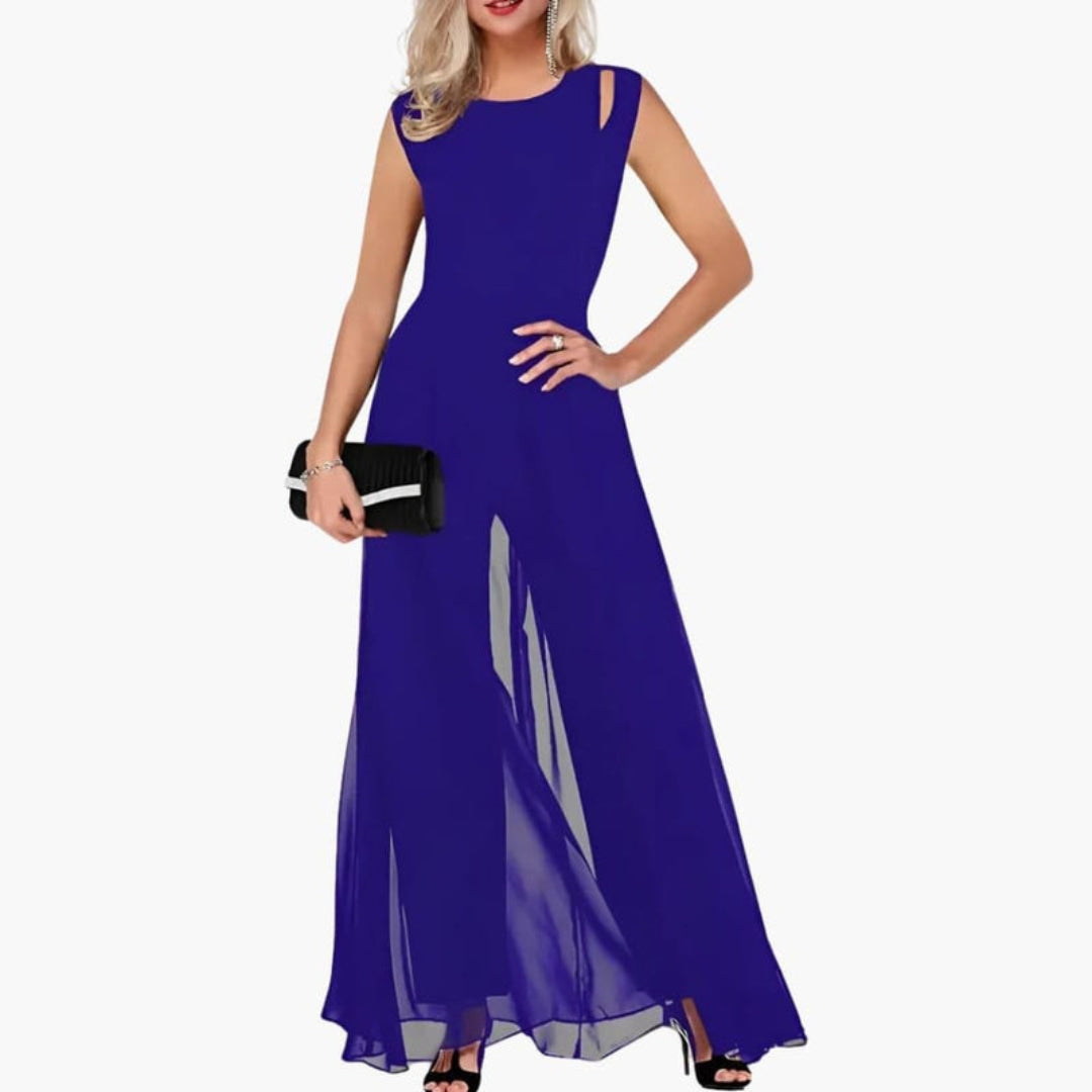 Mallory | Women’s Round Neck Layered Overlay Wide-Leg Jumpsuit