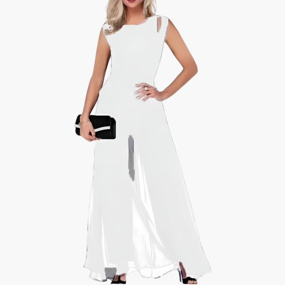 Mallory | Women’s Round Neck Layered Overlay Wide-Leg Jumpsuit