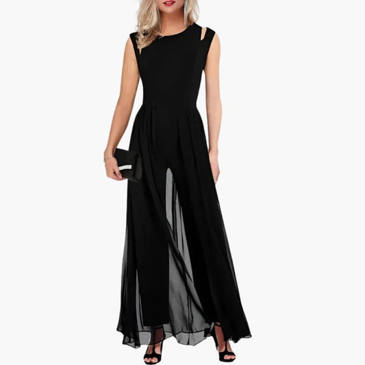 Mallory | Women’s Round Neck Layered Overlay Wide-Leg Jumpsuit