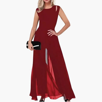Mallory | Women’s Round Neck Layered Overlay Wide-Leg Jumpsuit