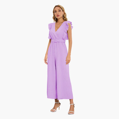 Ainsley | Women’s V-Neck Belted Flutter Sleeve Wide-Leg Jumpsuit