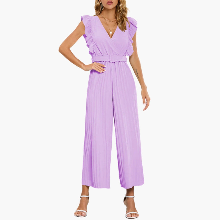 Ainsley | Women’s V-Neck Belted Flutter Sleeve Wide-Leg Jumpsuit