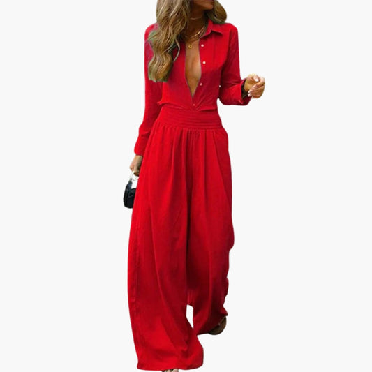 Rosamund | Women’s Button-Front Shirt Collar Wide-Leg Jumpsuit