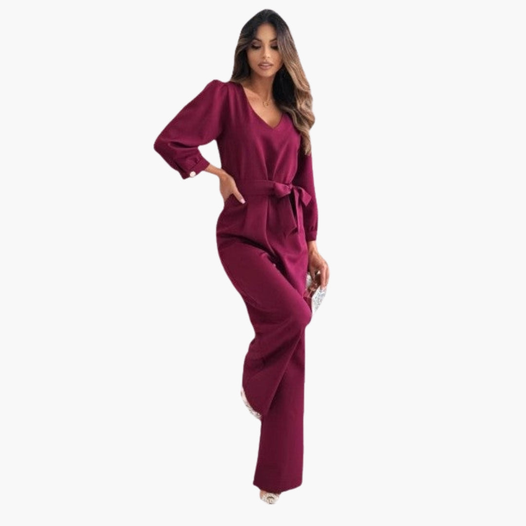 Madeline | Women’s V-Neck Waist-Belt Wide-Leg Jumpsuit