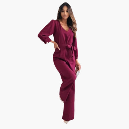 Madeline | Women’s V-Neck Waist-Belt Wide-Leg Jumpsuit