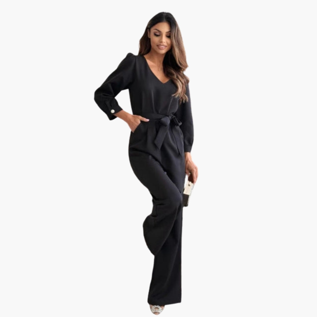 Madeline | Women’s V-Neck Waist-Belt Wide-Leg Jumpsuit