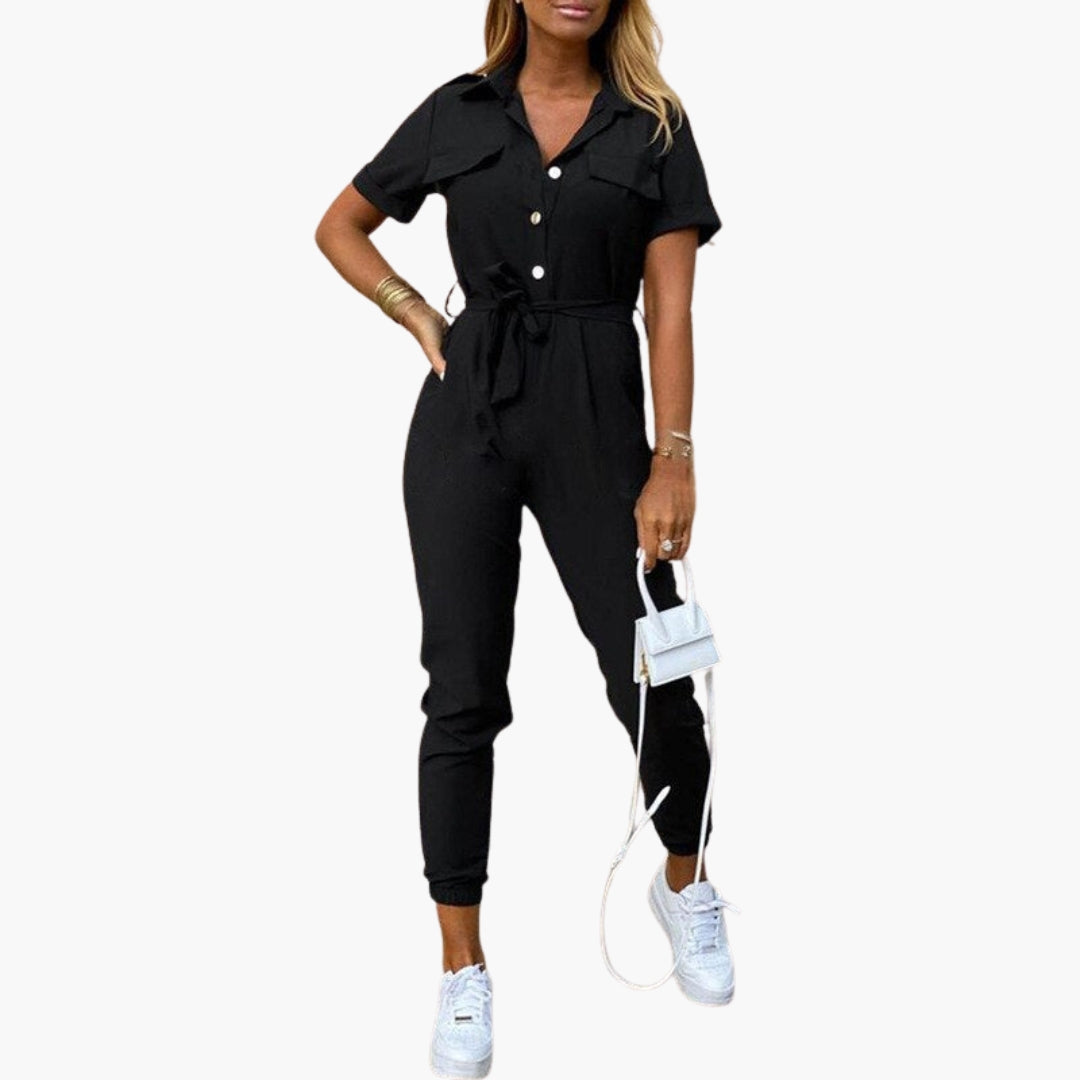 Brielle | Women’s Collared Waist-Tie Short Sleeve Jumpsuit