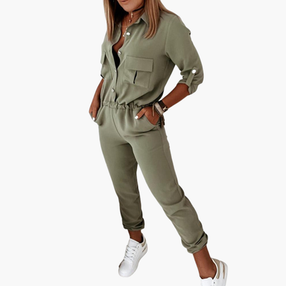 Greer | Women’s Button Up Tie-Waist Utility Jumpsuit
