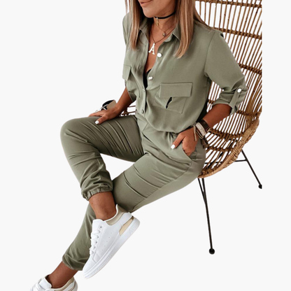 Greer | Women’s Button Up Tie-Waist Utility Jumpsuit