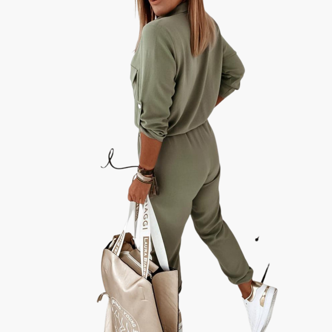 Greer | Women’s Button Up Tie-Waist Utility Jumpsuit