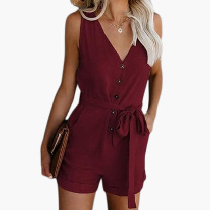 Sloane | Women’s Button Front V-Neck Tie-Waist Romper Jumpsuit