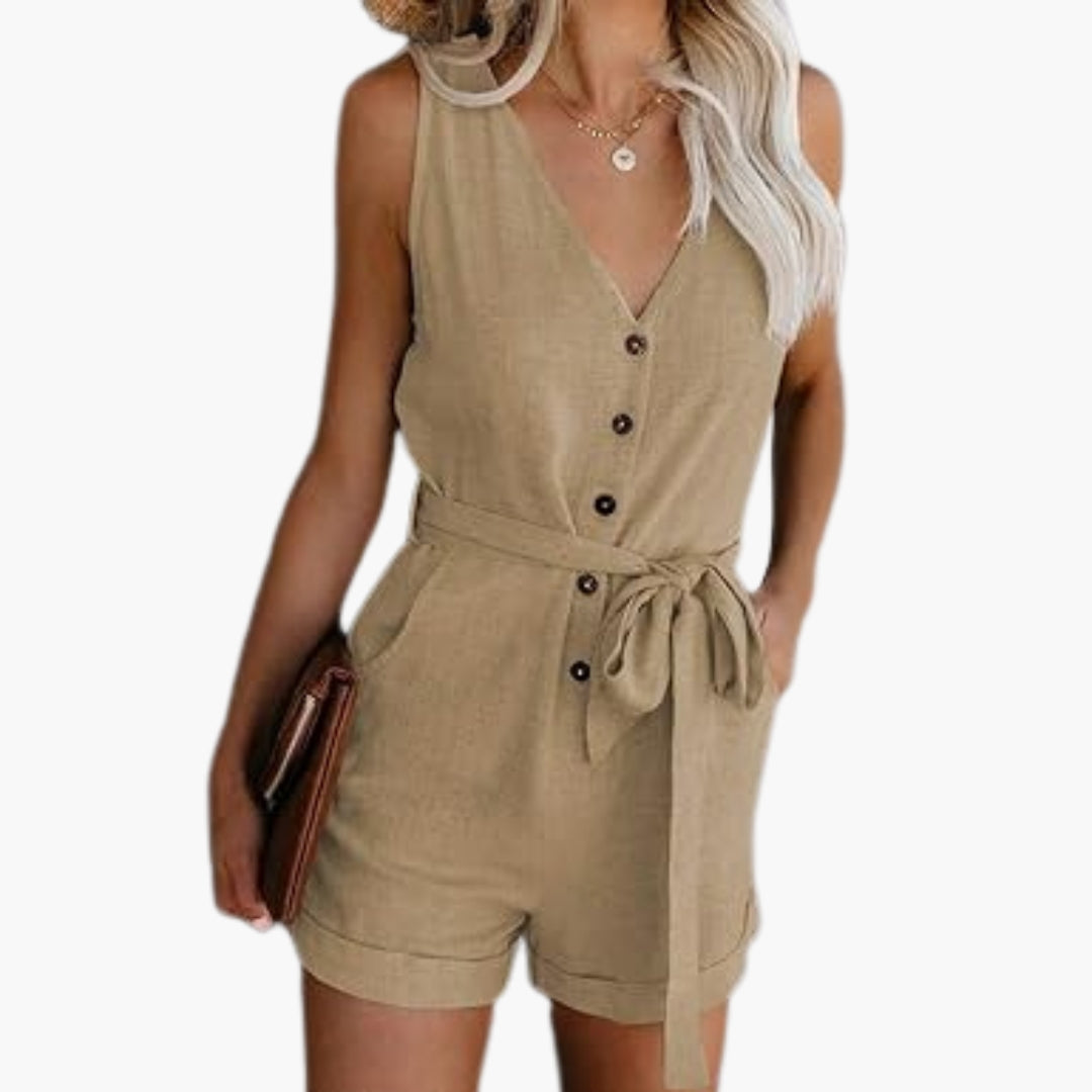Sloane | Women’s Button Front V-Neck Tie-Waist Romper Jumpsuit