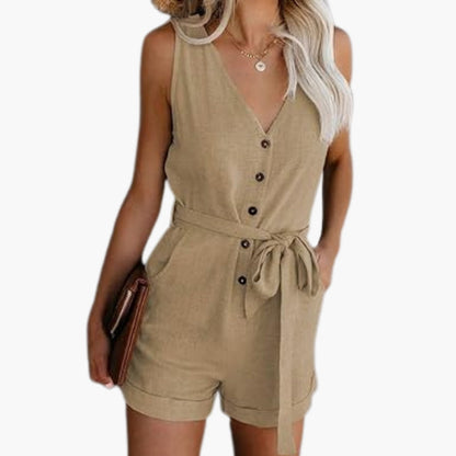 Sloane | Women’s Button Front V-Neck Tie-Waist Romper Jumpsuit