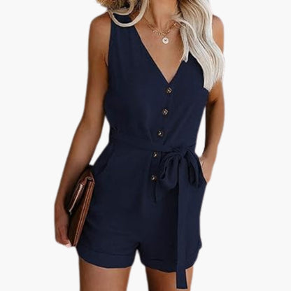 Sloane | Women’s Button Front V-Neck Tie-Waist Romper Jumpsuit