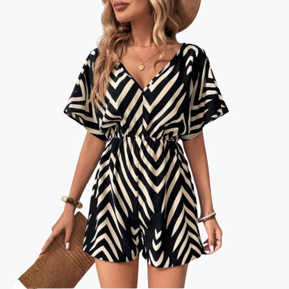 Tinsley | Women’s Chevron Print V-Neck Tie-Waist Short Romper Jumpsuit