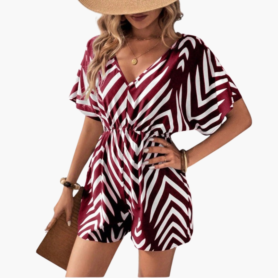 Tinsley | Women’s Chevron Print V-Neck Tie-Waist Short Romper Jumpsuit
