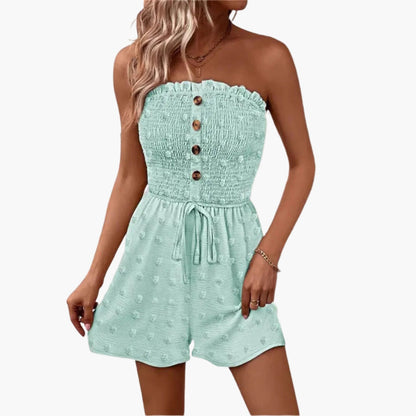 Briana | Women’s Strapless Button Placket Tie-Waist Short Romper Jumpsuit