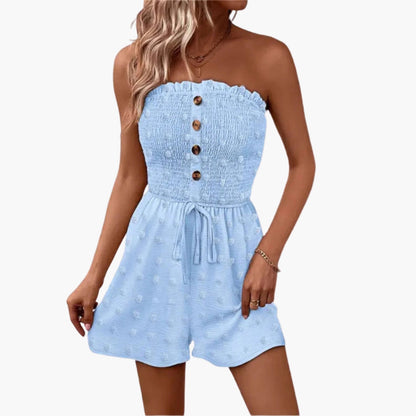 Briana | Women’s Strapless Button Placket Tie-Waist Short Romper Jumpsuit