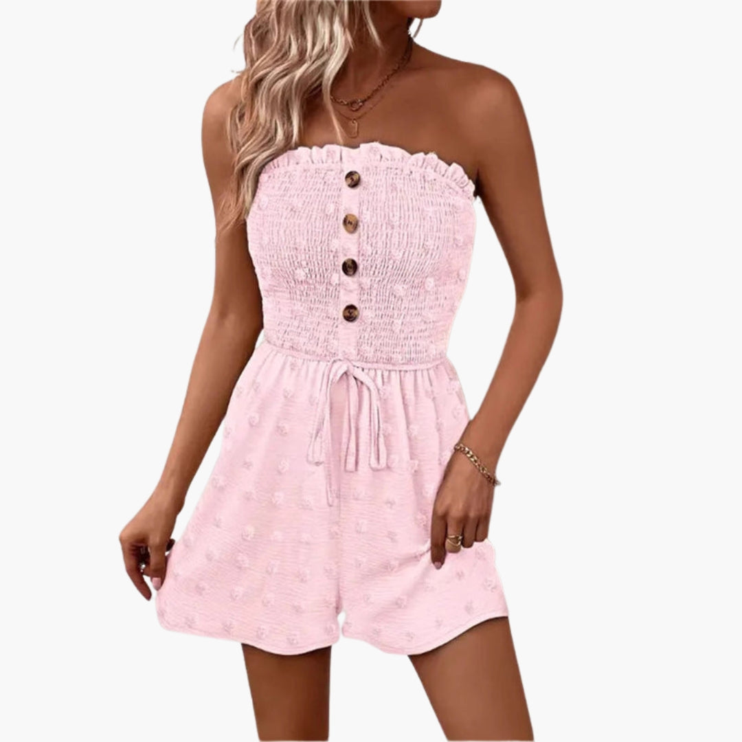 Briana | Women’s Strapless Button Placket Tie-Waist Short Romper Jumpsuit