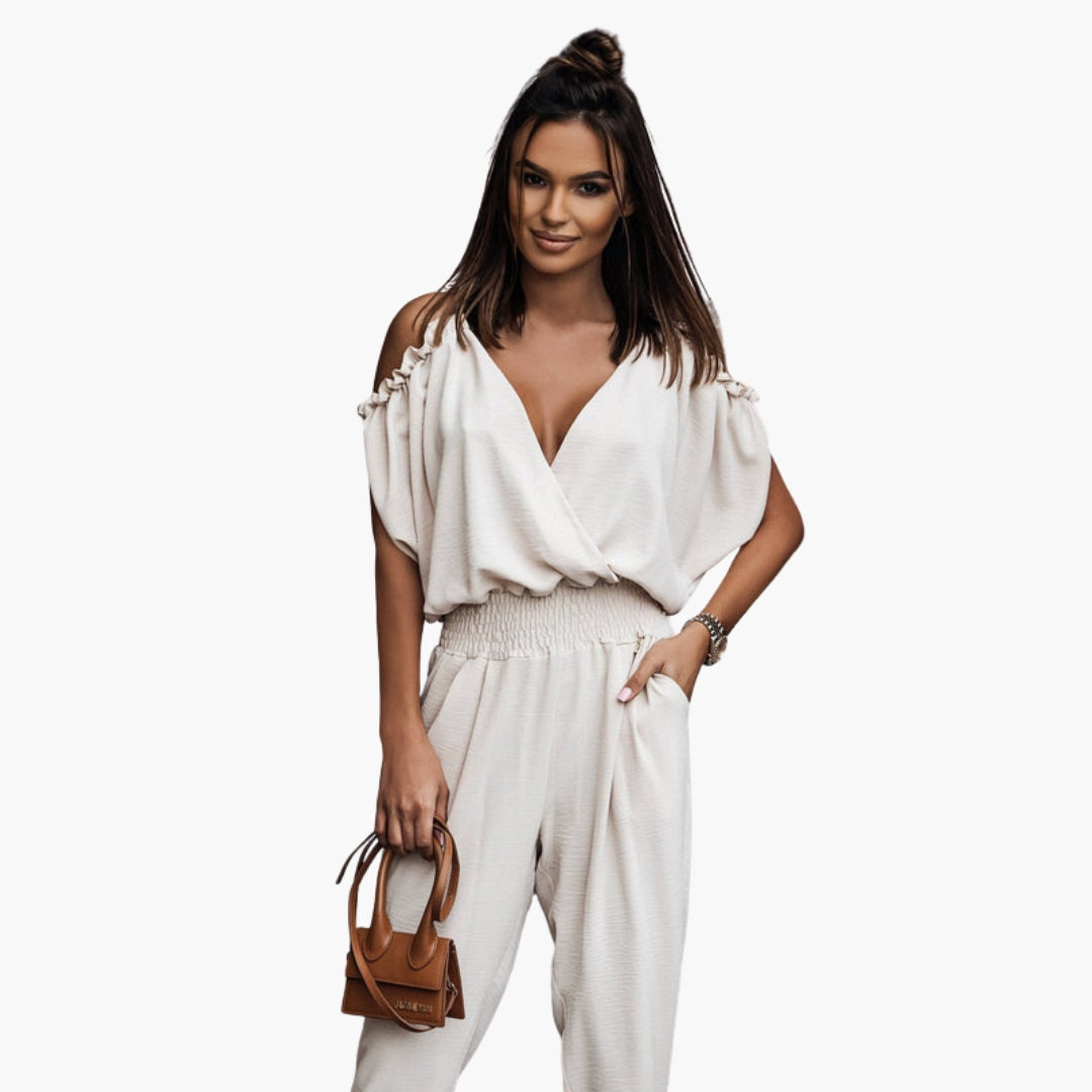 Brynn | Women’s Off Shoulder Crossed V-Neck Tie-Waist Jumpsuit