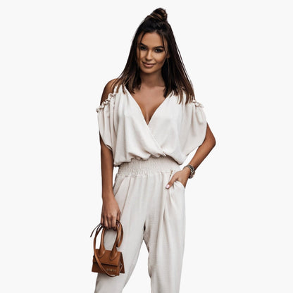 Brynn | Women’s Off Shoulder Crossed V-Neck Tie-Waist Jumpsuit