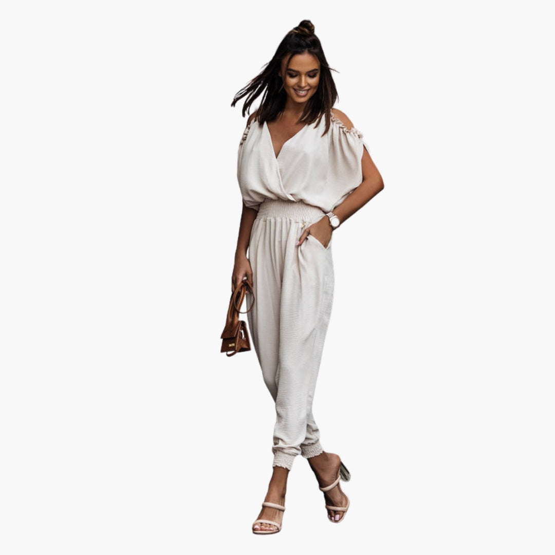 Brynn | Women’s Off Shoulder Crossed V-Neck Tie-Waist Jumpsuit