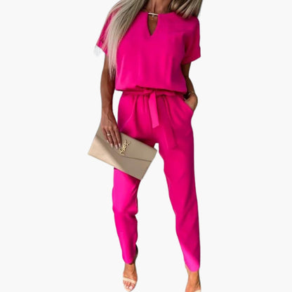 Caroline | Women’s Short Sleeve V-Neck Tie-Waist Tapered Leg Jumpsuit
