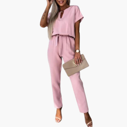 Caroline | Women’s Short Sleeve V-Neck Tie-Waist Tapered Leg Jumpsuit