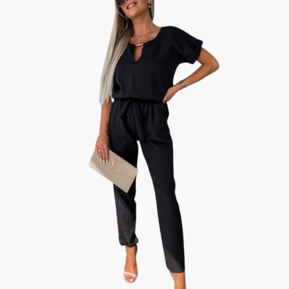 Caroline | Women’s Short Sleeve V-Neck Tie-Waist Tapered Leg Jumpsuit