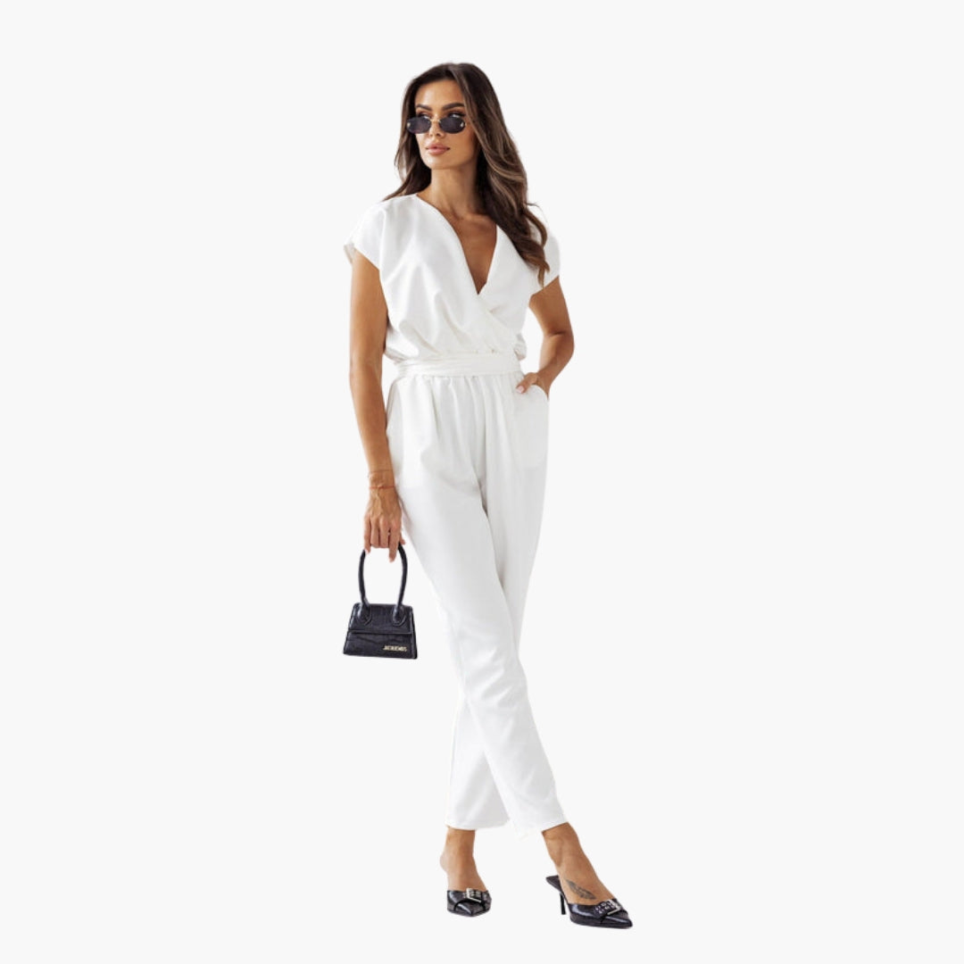 Phoebe | Women’s Short Sleeve Crossed V-Neck Tie-Waist Jumpsuit