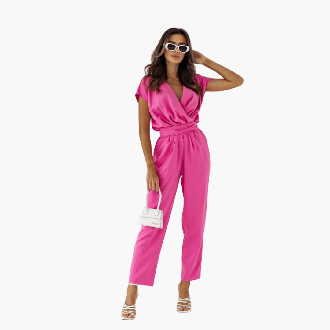 Phoebe | Women’s Short Sleeve Crossed V-Neck Tie-Waist Jumpsuit