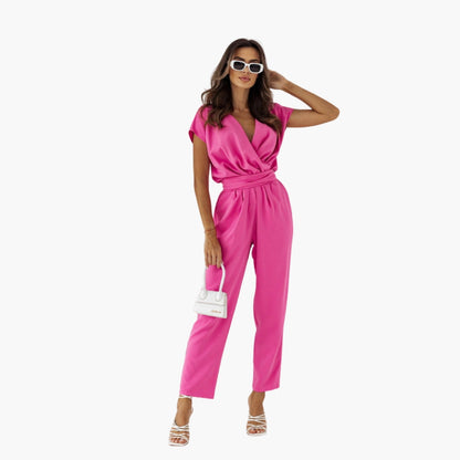 Phoebe | Women’s Short Sleeve Crossed V-Neck Tie-Waist Jumpsuit