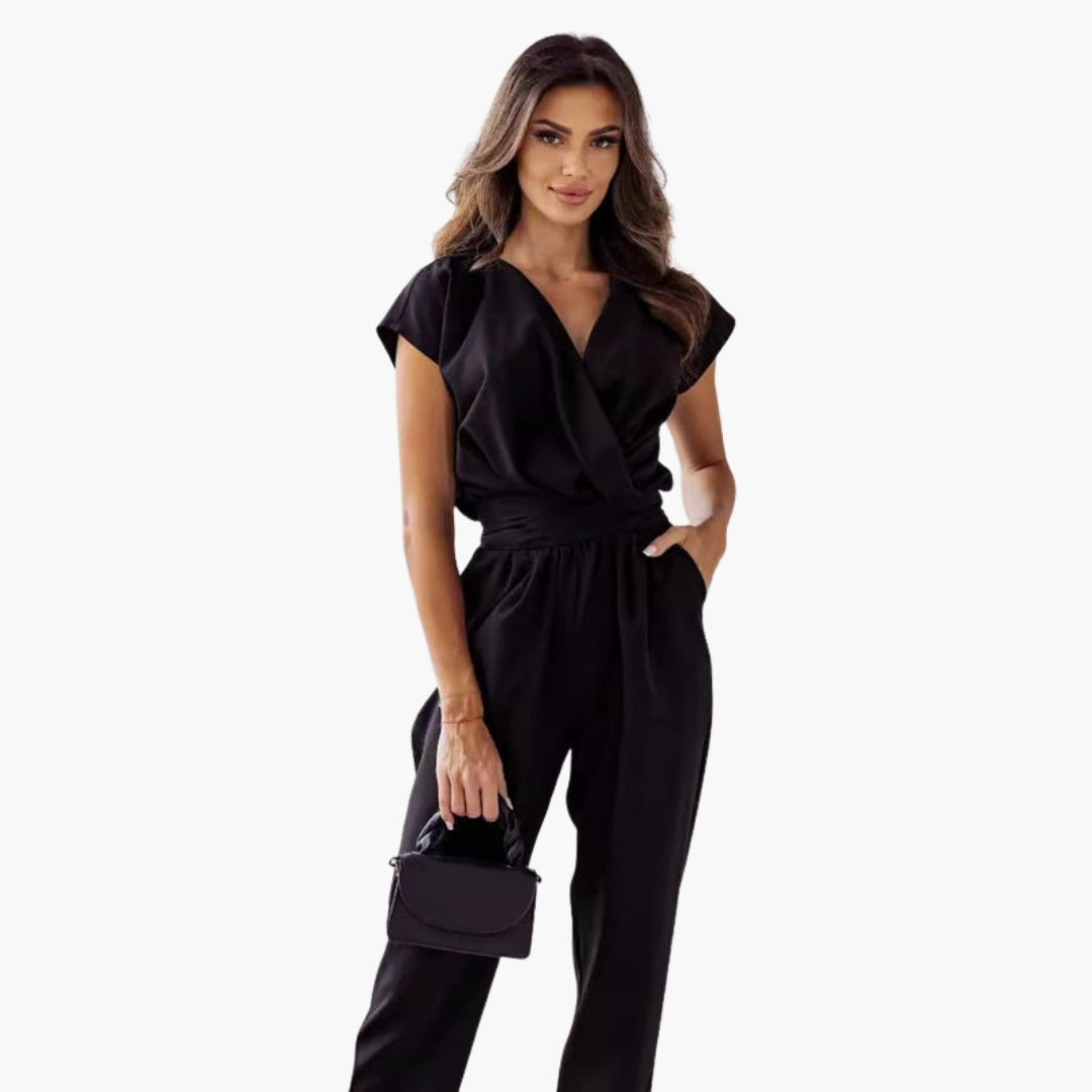 Phoebe | Women’s Short Sleeve Crossed V-Neck Tie-Waist Jumpsuit
