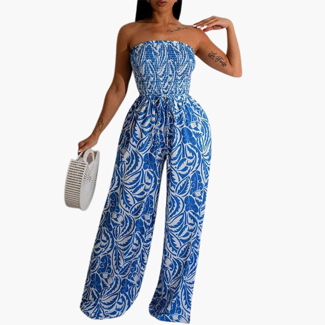 Maren | Women’s Strapless Smocked Top Wide-Leg Print Jumpsuit