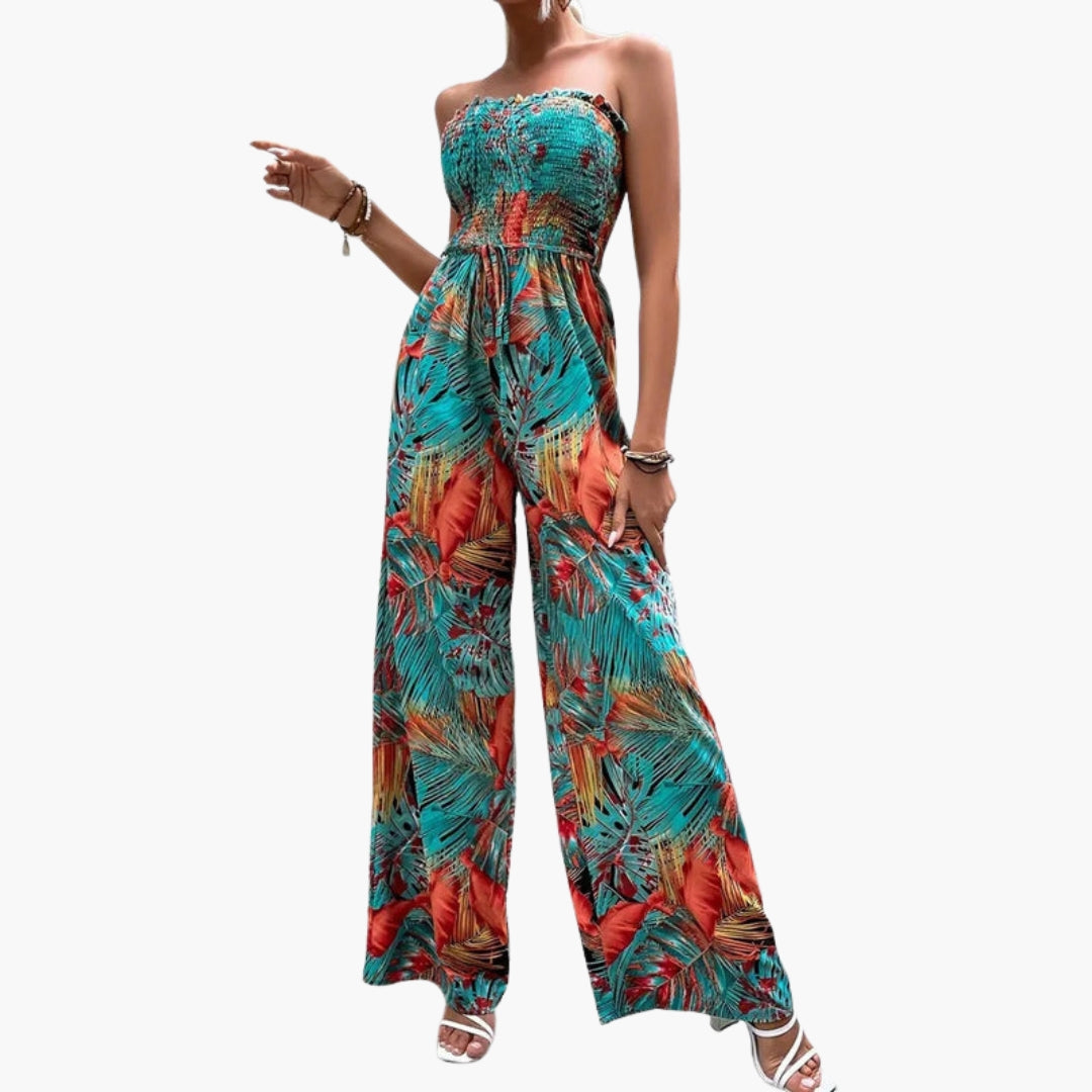 Maren | Women’s Strapless Smocked Top Wide-Leg Print Jumpsuit