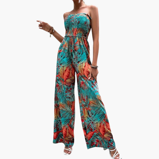 Maren | Women’s Strapless Smocked Top Wide-Leg Print Jumpsuit