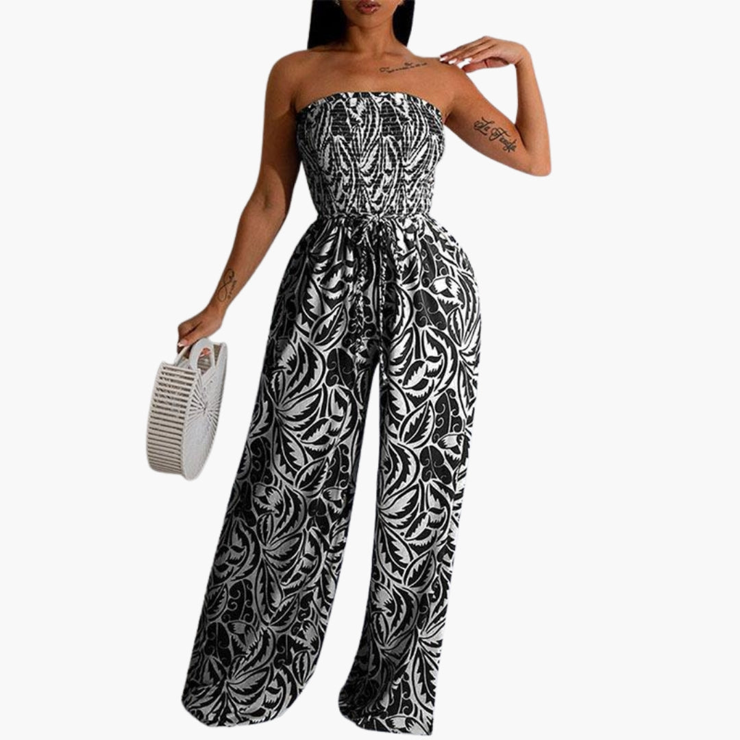 Maren | Women’s Strapless Smocked Top Wide-Leg Print Jumpsuit