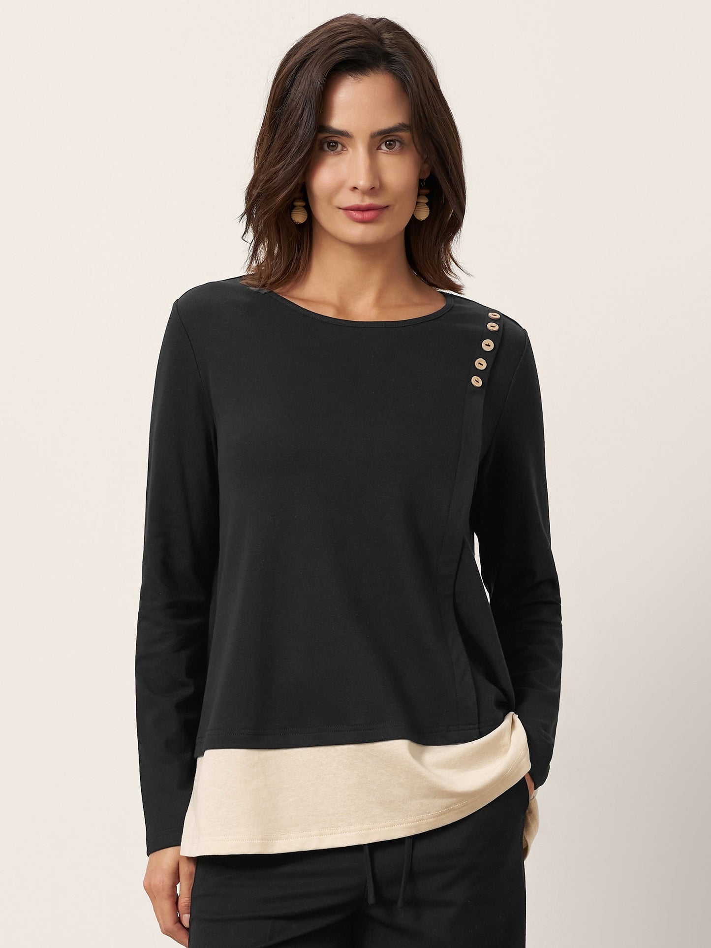 Harper | Women’s Cotton-Linen Contrast Panel Long Sleeve Shirt