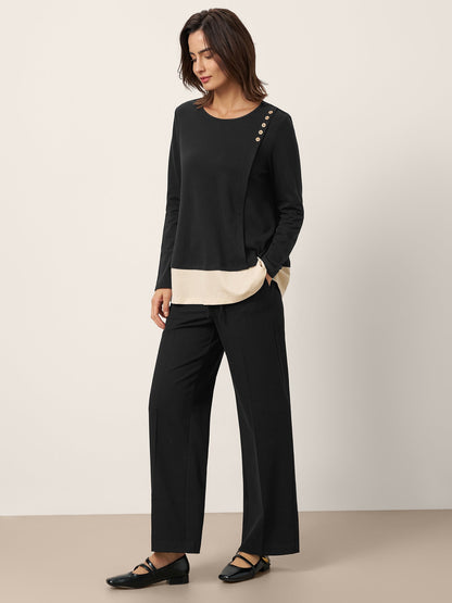 Harper | Women’s Cotton-Linen Contrast Panel Long Sleeve Shirt